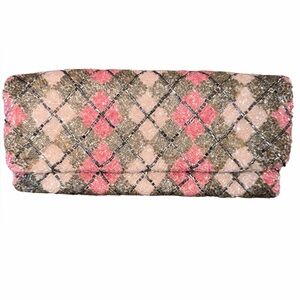 Moyna Pink and Tan Patterned Beaded Fold Over Clutch